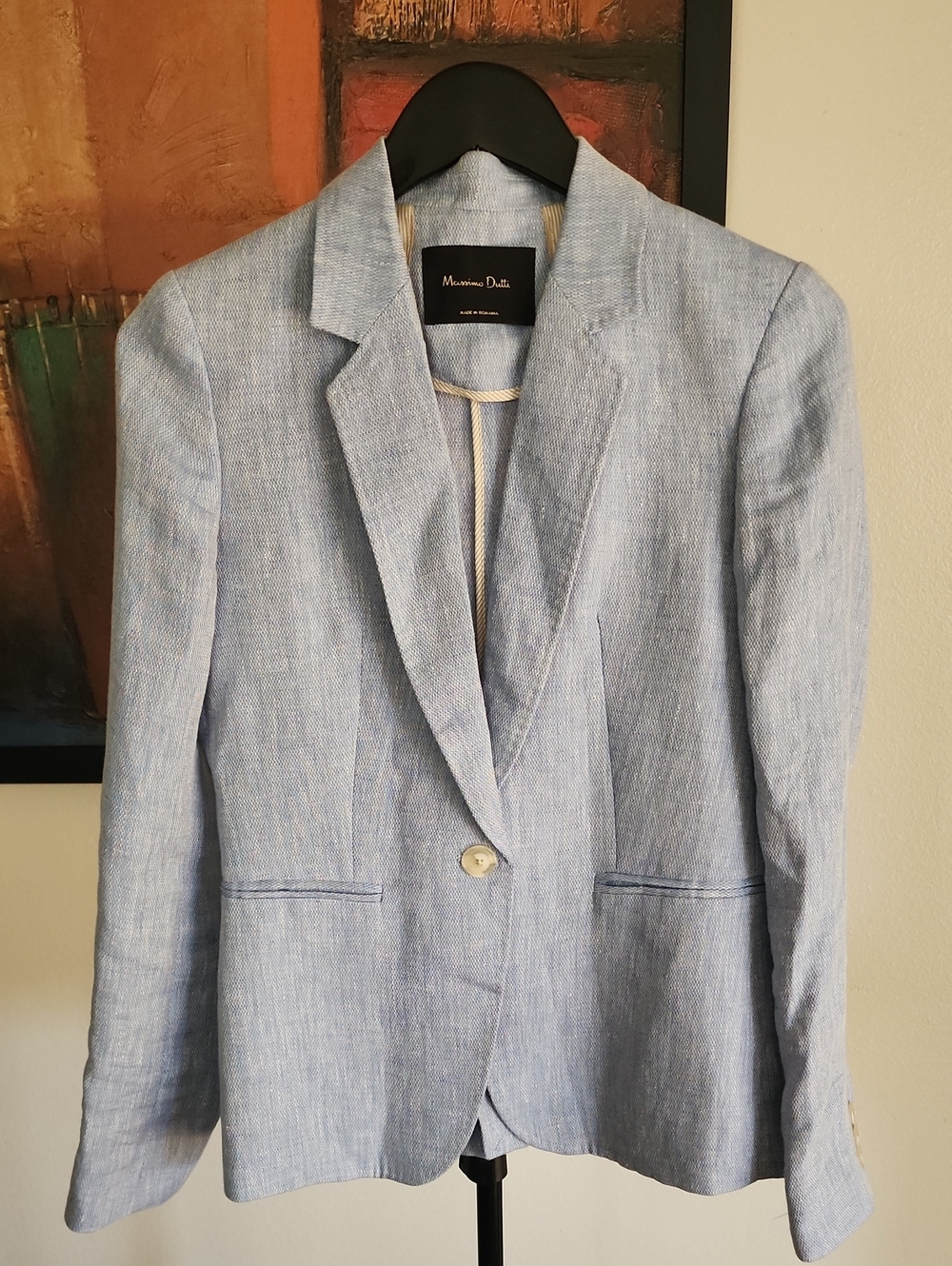 Massimo Dutti Pale Blue Linen-Blend Single-Button Blazer
